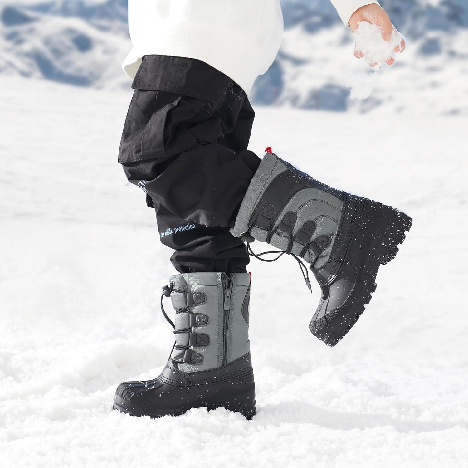 imageDREAM PAIRS Boys Girls Snow Boots Waterproof Outdoor Warm Cozy AntiSlip Mid Calf Faux Fur Lining Winter Shoes for LittleBig KidsBlackGreyRed