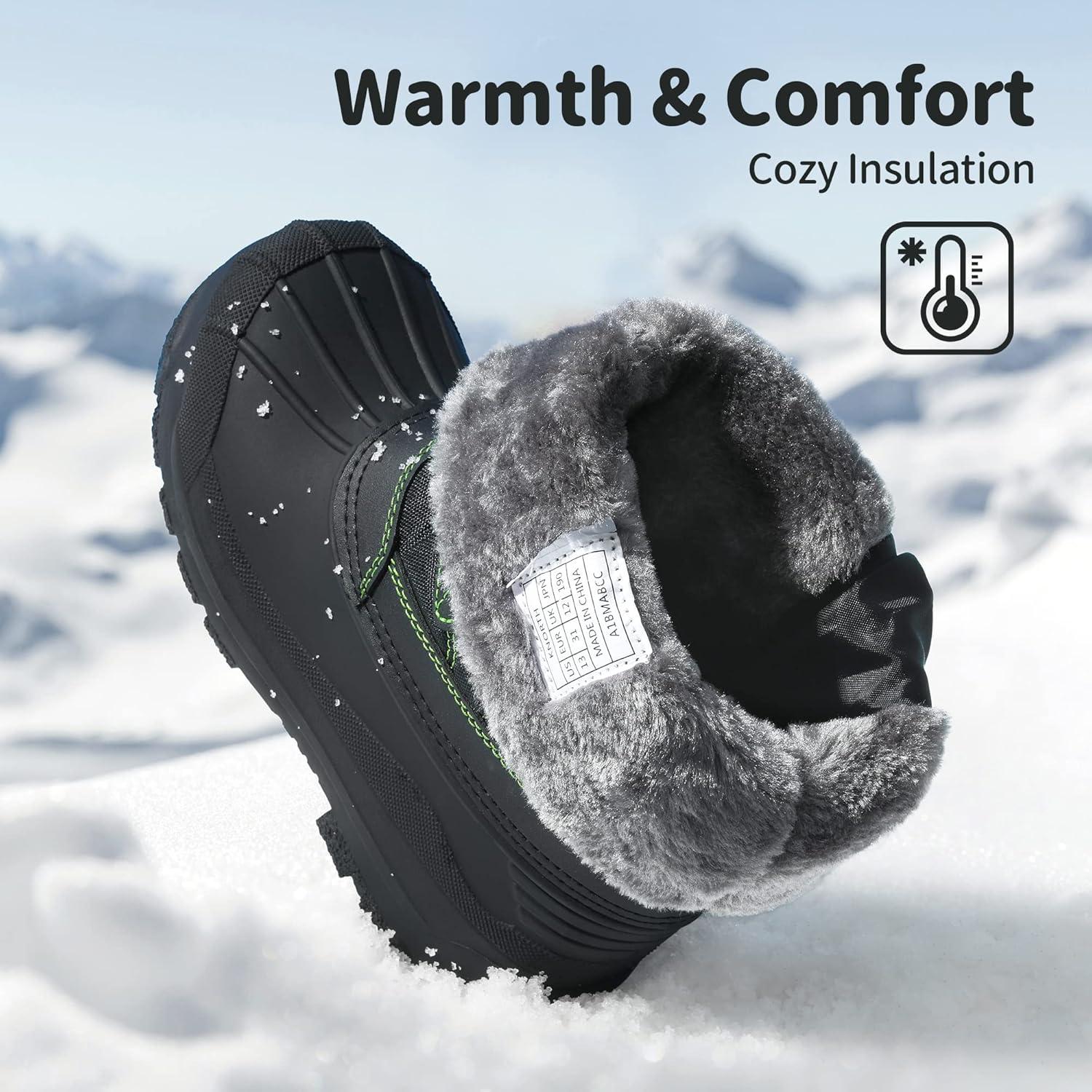 imageDREAM PAIRS Boys Girls Snow Boots Waterproof Outdoor Warm Cozy AntiSlip Mid Calf Faux Fur Lining Winter Shoes for LittleBig KidsBlackNeonGreen