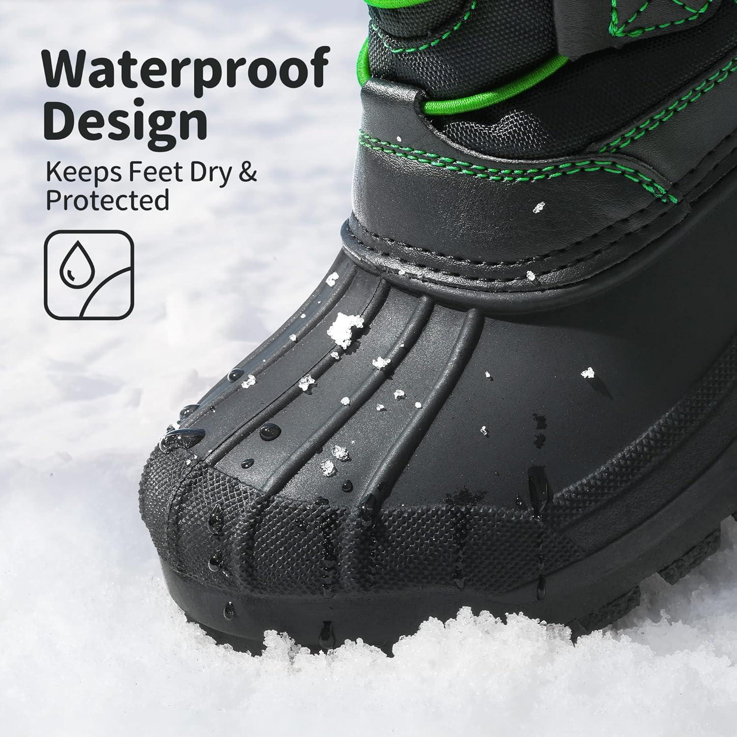 imageDREAM PAIRS Boys Girls Snow Boots Waterproof Outdoor Warm Cozy AntiSlip Mid Calf Faux Fur Lining Winter Shoes for LittleBig KidsBlackNeonGreen
