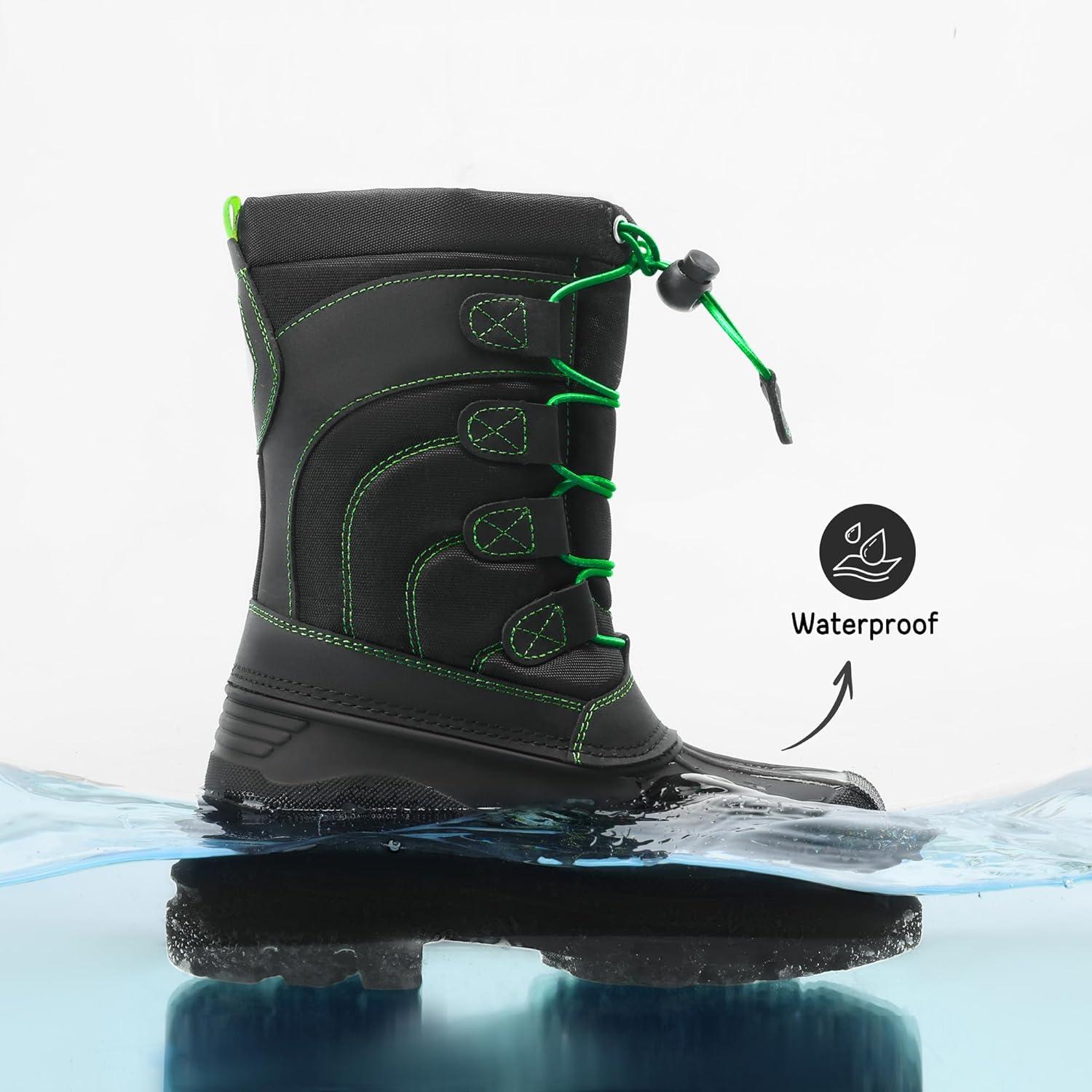 imageDREAM PAIRS Boys Girls Snow Boots Waterproof Outdoor Warm Cozy AntiSlip Mid Calf Faux Fur Lining Winter Shoes for LittleBig KidsBlackNeonGreen