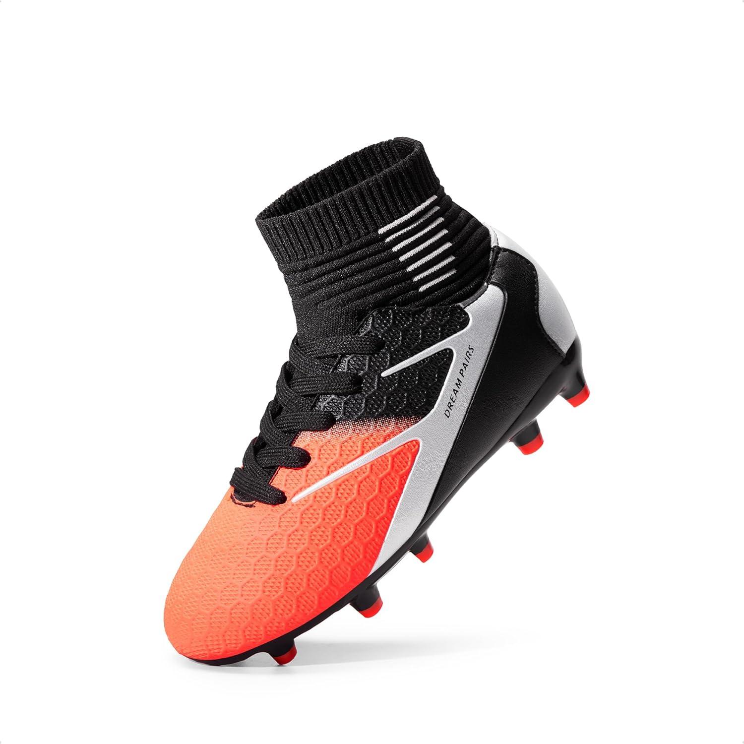 imageDREAM PAIRS Boys Girls Soccer Cleats Youth Firm Groud Outdoor Sport Athletic High Top Football Shoes for LittleBig KidBlackGreyOrange