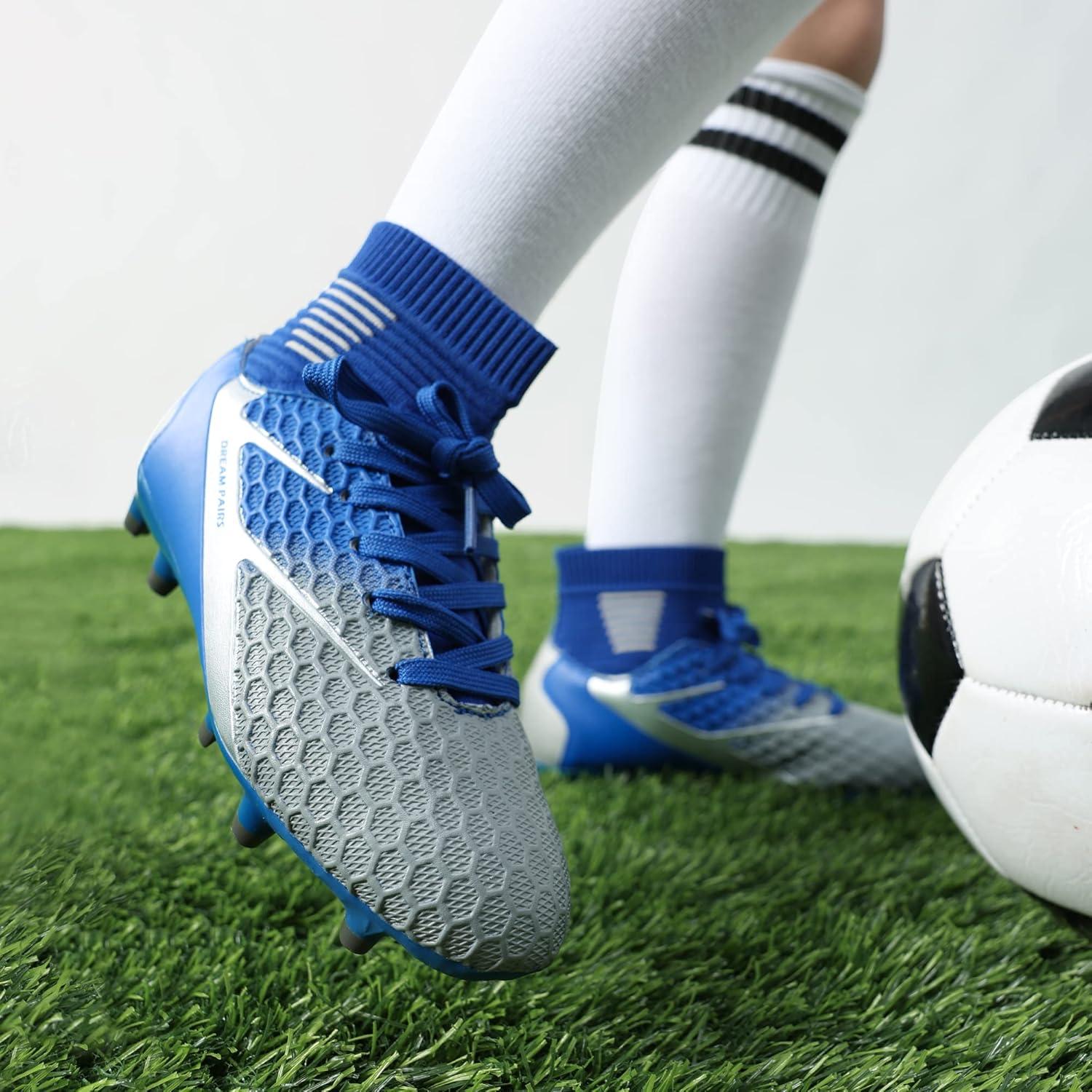 imageDREAM PAIRS Boys Girls Soccer Cleats Youth Firm Groud Outdoor Sport Athletic High Top Football Shoes for LittleBig KidBlueWhiteGrey