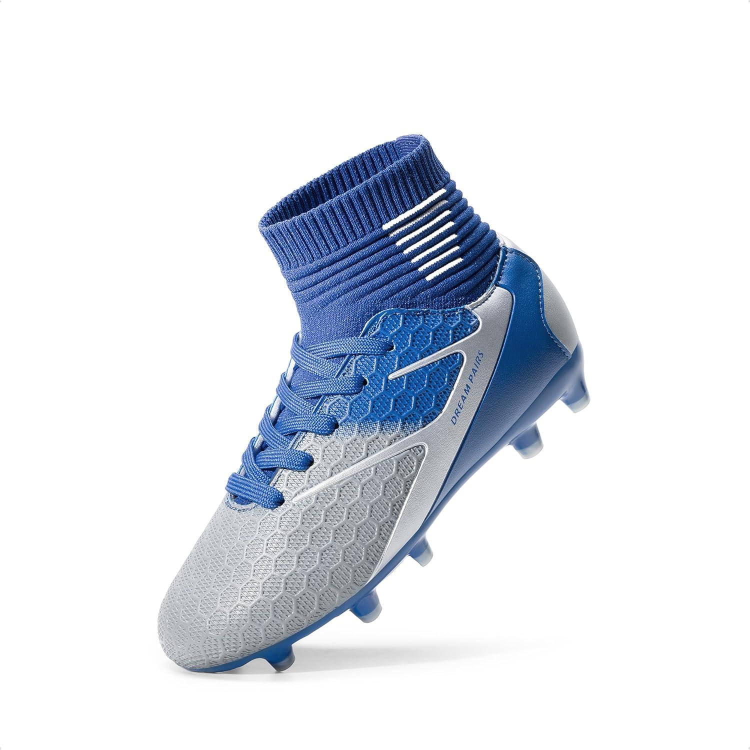 imageDREAM PAIRS Boys Girls Soccer Cleats Youth Firm Groud Outdoor Sport Athletic High Top Football Shoes for LittleBig KidBlueWhiteGrey