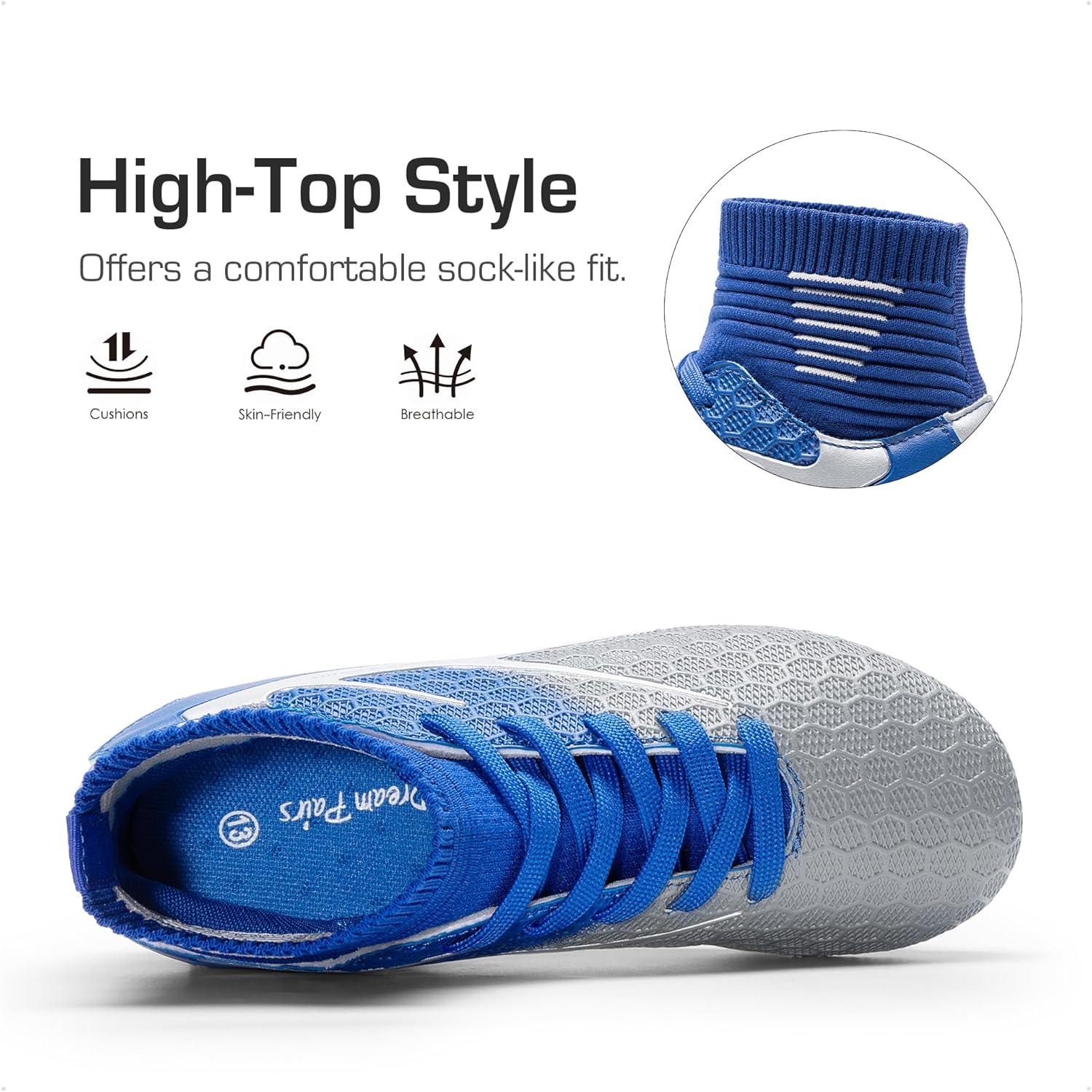 imageDREAM PAIRS Boys Girls Soccer Cleats Youth Firm Groud Outdoor Sport Athletic High Top Football Shoes for LittleBig KidBlueWhiteGrey