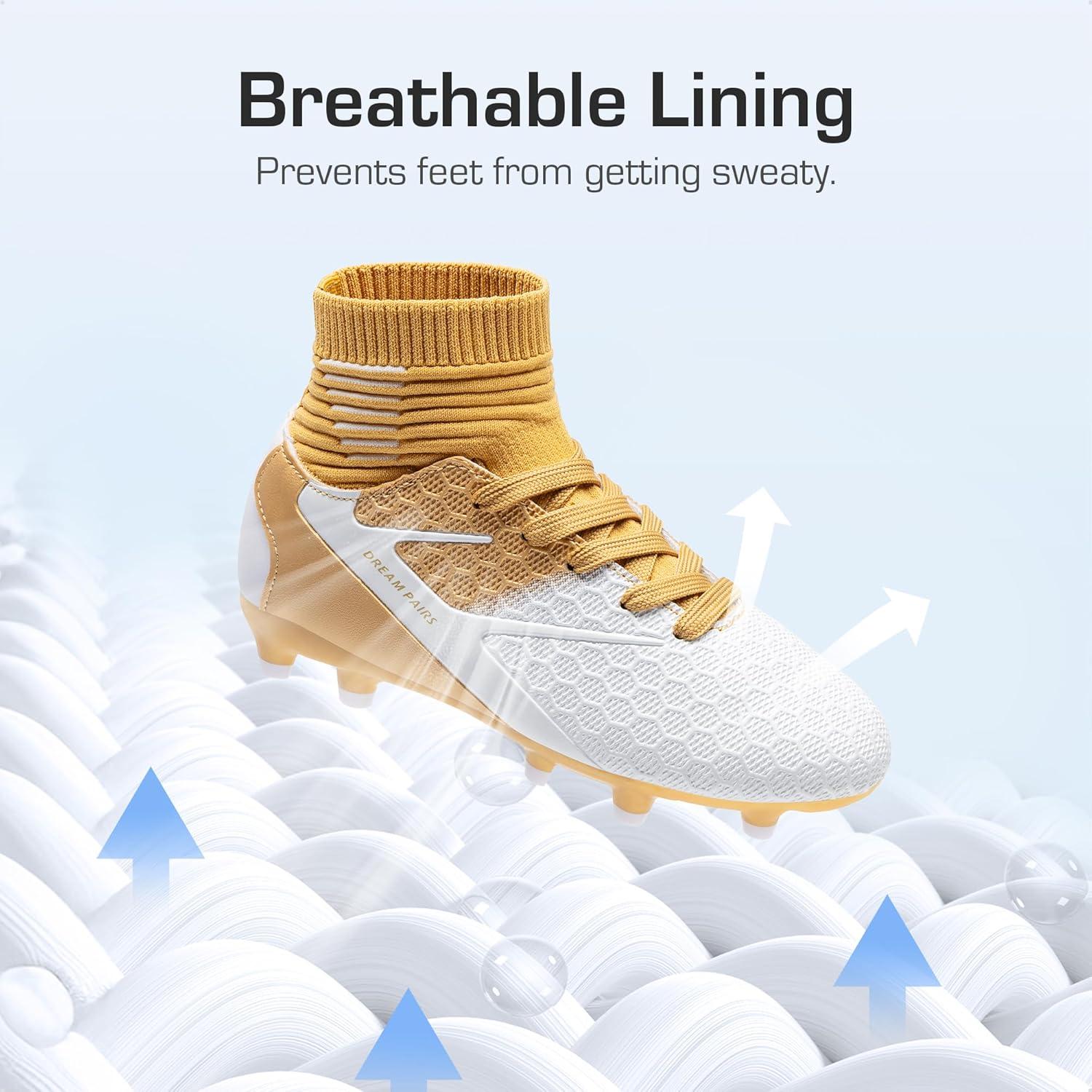 imageDREAM PAIRS Boys Girls Soccer Cleats Youth Firm Groud Outdoor Sport Athletic High Top Football Shoes for LittleBig KidGoldWhite