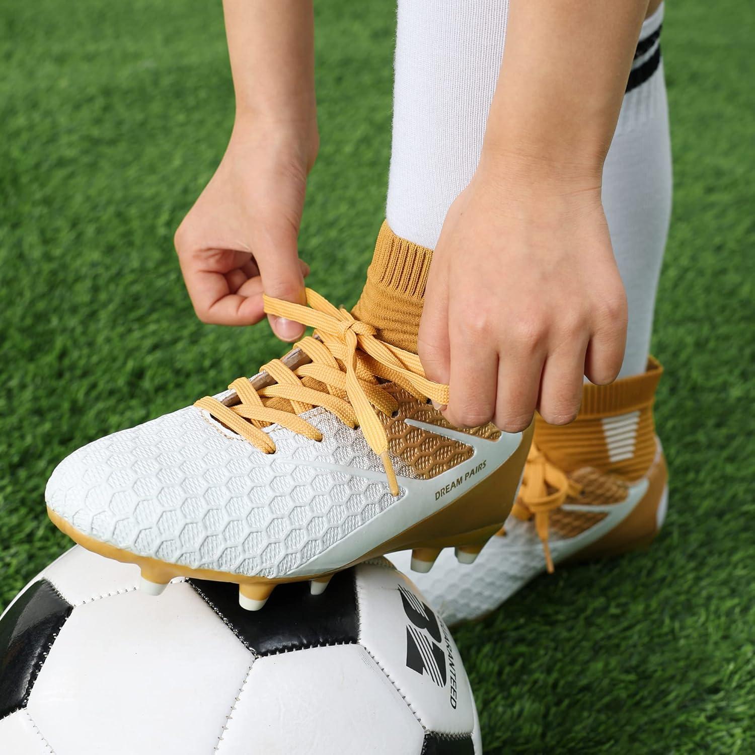 imageDREAM PAIRS Boys Girls Soccer Cleats Youth Firm Groud Outdoor Sport Athletic High Top Football Shoes for LittleBig KidGoldWhite
