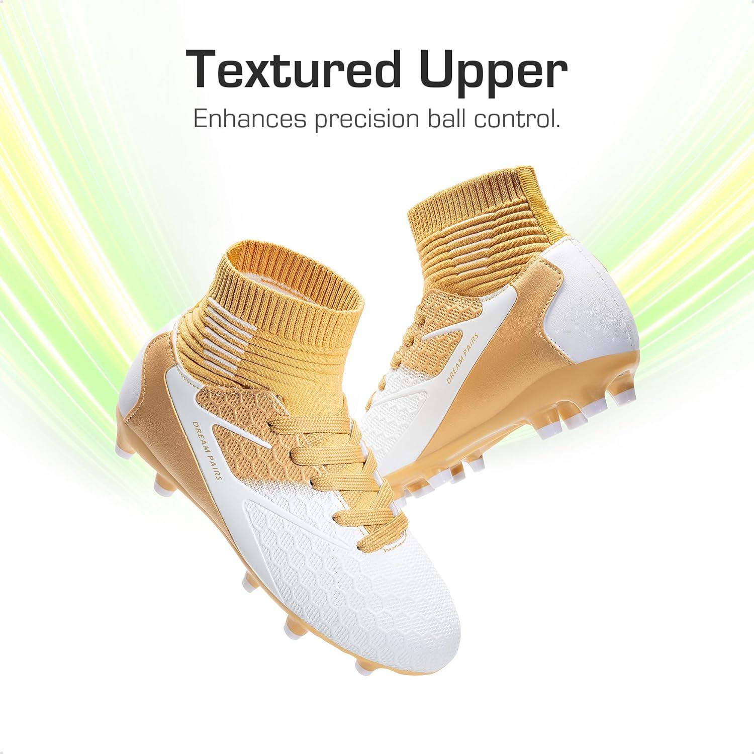 imageDREAM PAIRS Boys Girls Soccer Cleats Youth Firm Groud Outdoor Sport Athletic High Top Football Shoes for LittleBig KidGoldWhite