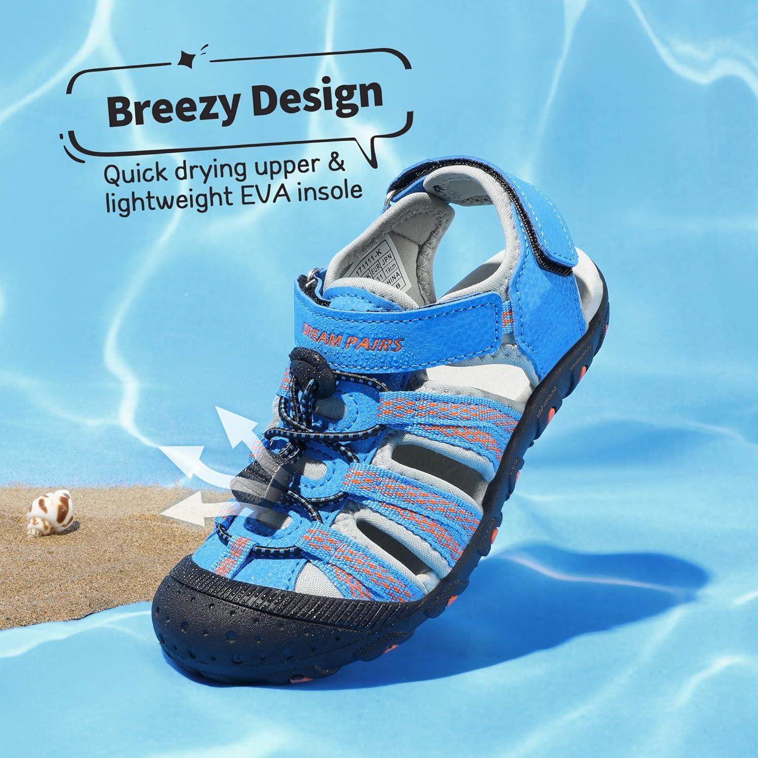 imageDREAM PAIRS Boys Girls Summer Outdoor Athletic Sport Sandals Hiking Beach Casual Closed Toe Adjustable Multicolor for ToddlerLittleBig KidsBlueGreyRed