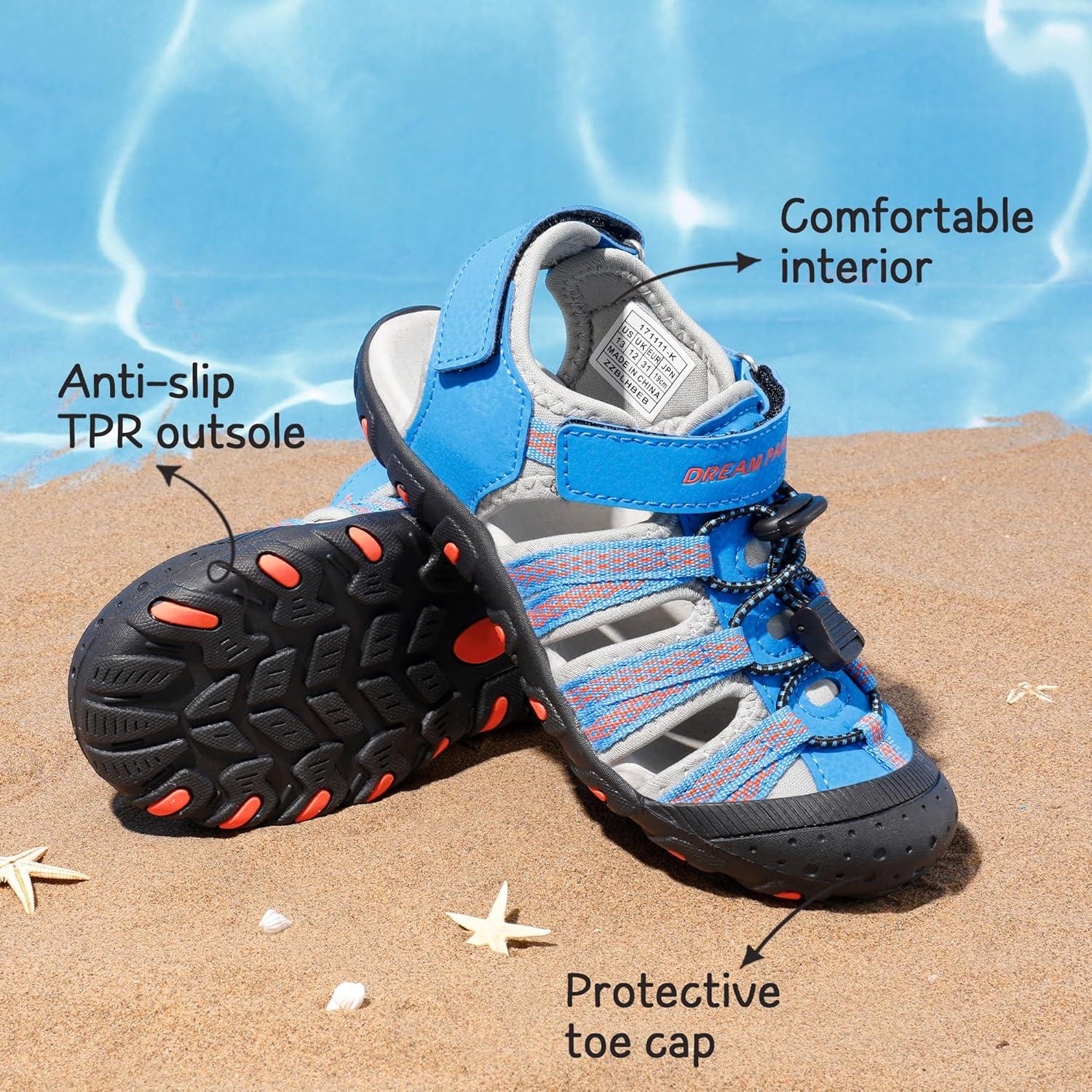 imageDREAM PAIRS Boys Girls Summer Outdoor Athletic Sport Sandals Hiking Beach Casual Closed Toe Adjustable Multicolor for ToddlerLittleBig KidsBlueGreyRed