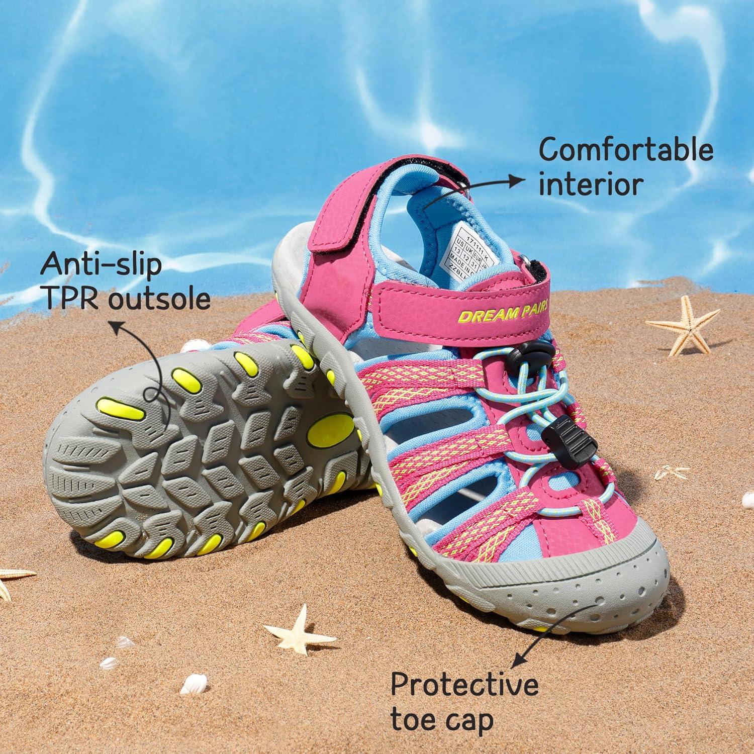 imageDREAM PAIRS Boys Girls Summer Outdoor Athletic Sport Sandals Hiking Beach Casual Closed Toe Adjustable Multicolor for ToddlerLittleBig KidsFuchsiaCyanNeonGreen