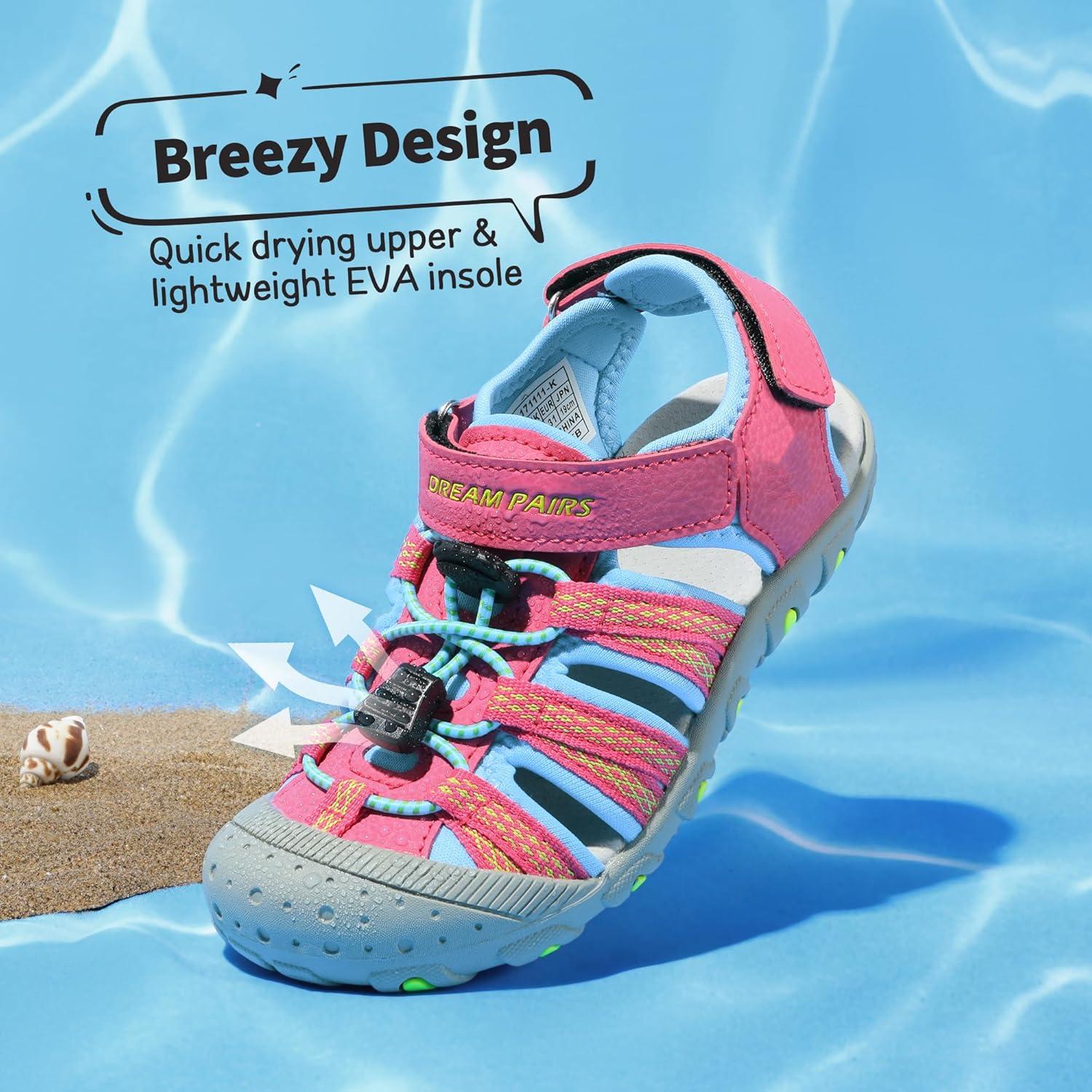 imageDREAM PAIRS Boys Girls Summer Outdoor Athletic Sport Sandals Hiking Beach Casual Closed Toe Adjustable Multicolor for ToddlerLittleBig KidsFuchsiaCyanNeonGreen