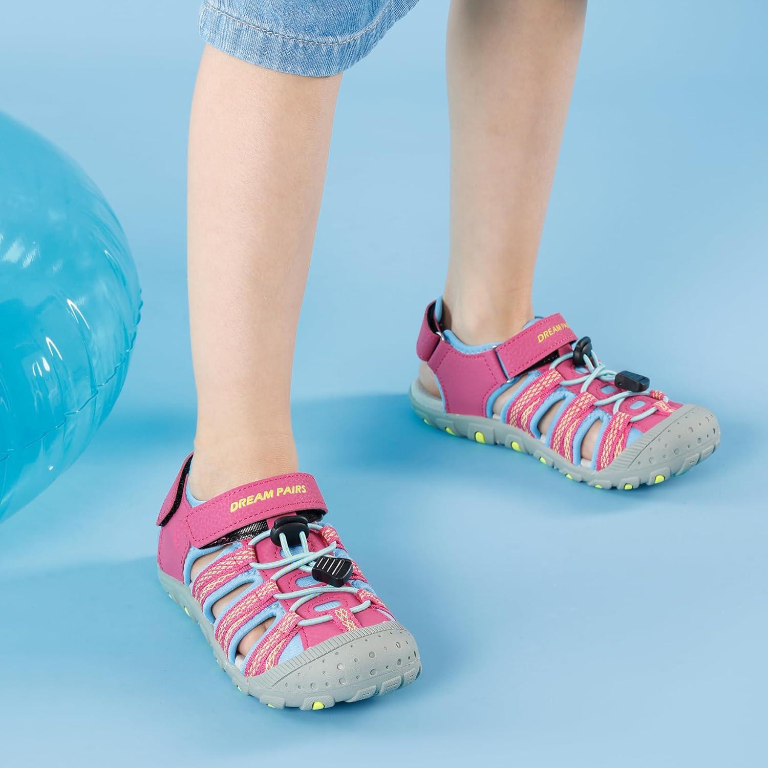 imageDREAM PAIRS Boys Girls Summer Outdoor Athletic Sport Sandals Hiking Beach Casual Closed Toe Adjustable Multicolor for ToddlerLittleBig KidsFuchsiaCyanNeonGreen