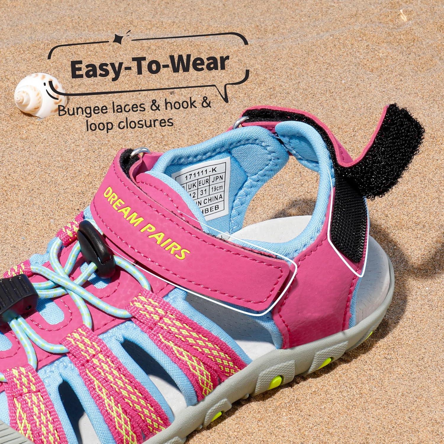 imageDREAM PAIRS Boys Girls Summer Outdoor Athletic Sport Sandals Hiking Beach Casual Closed Toe Adjustable Multicolor for ToddlerLittleBig KidsFuchsiaCyanNeonGreen