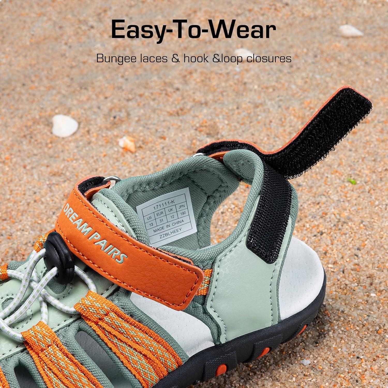 imageDREAM PAIRS Boys Girls Summer Outdoor Athletic Sport Sandals Hiking Beach Casual Closed Toe Adjustable Multicolor for ToddlerLittleBig KidsGreenOrange