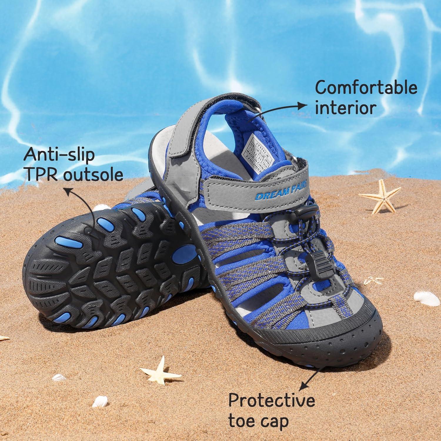 imageDREAM PAIRS Boys Girls Summer Outdoor Athletic Sport Sandals Hiking Beach Casual Closed Toe Adjustable Multicolor for ToddlerLittleBig KidsGreyRoyal
