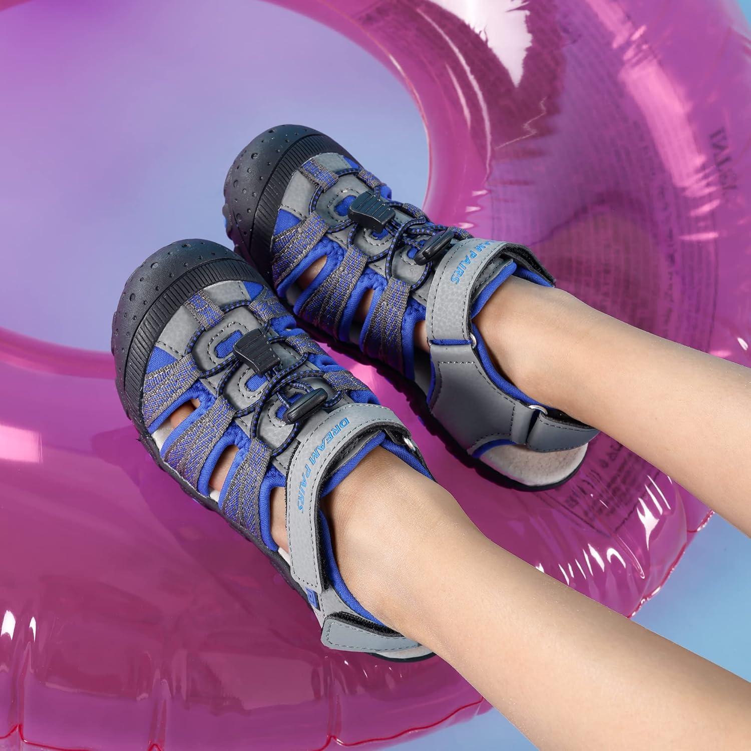 imageDREAM PAIRS Boys Girls Summer Outdoor Athletic Sport Sandals Hiking Beach Casual Closed Toe Adjustable Multicolor for ToddlerLittleBig KidsGreyRoyal