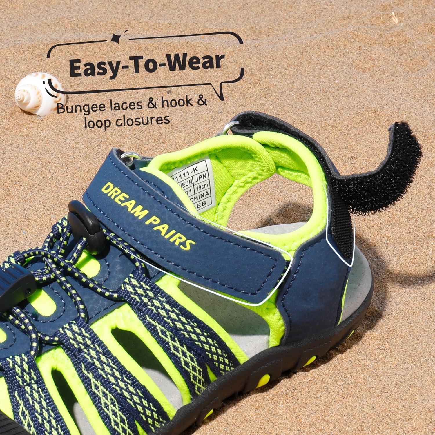 imageDREAM PAIRS Boys Girls Summer Outdoor Athletic Sport Sandals Hiking Beach Casual Closed Toe Adjustable Multicolor for ToddlerLittleBig KidsNavyNeonGreen