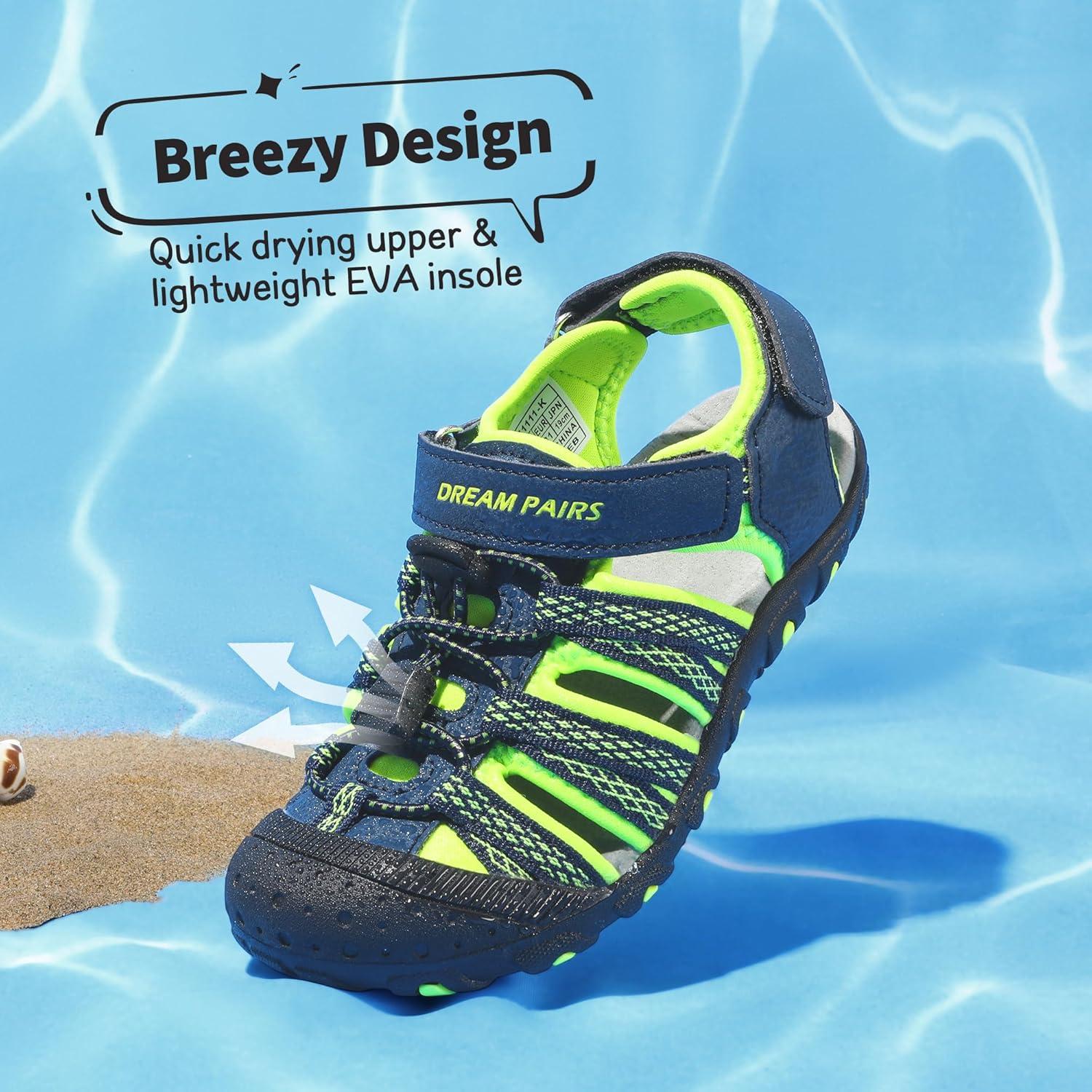 imageDREAM PAIRS Boys Girls Summer Outdoor Athletic Sport Sandals Hiking Beach Casual Closed Toe Adjustable Multicolor for ToddlerLittleBig KidsNavyNeonGreen