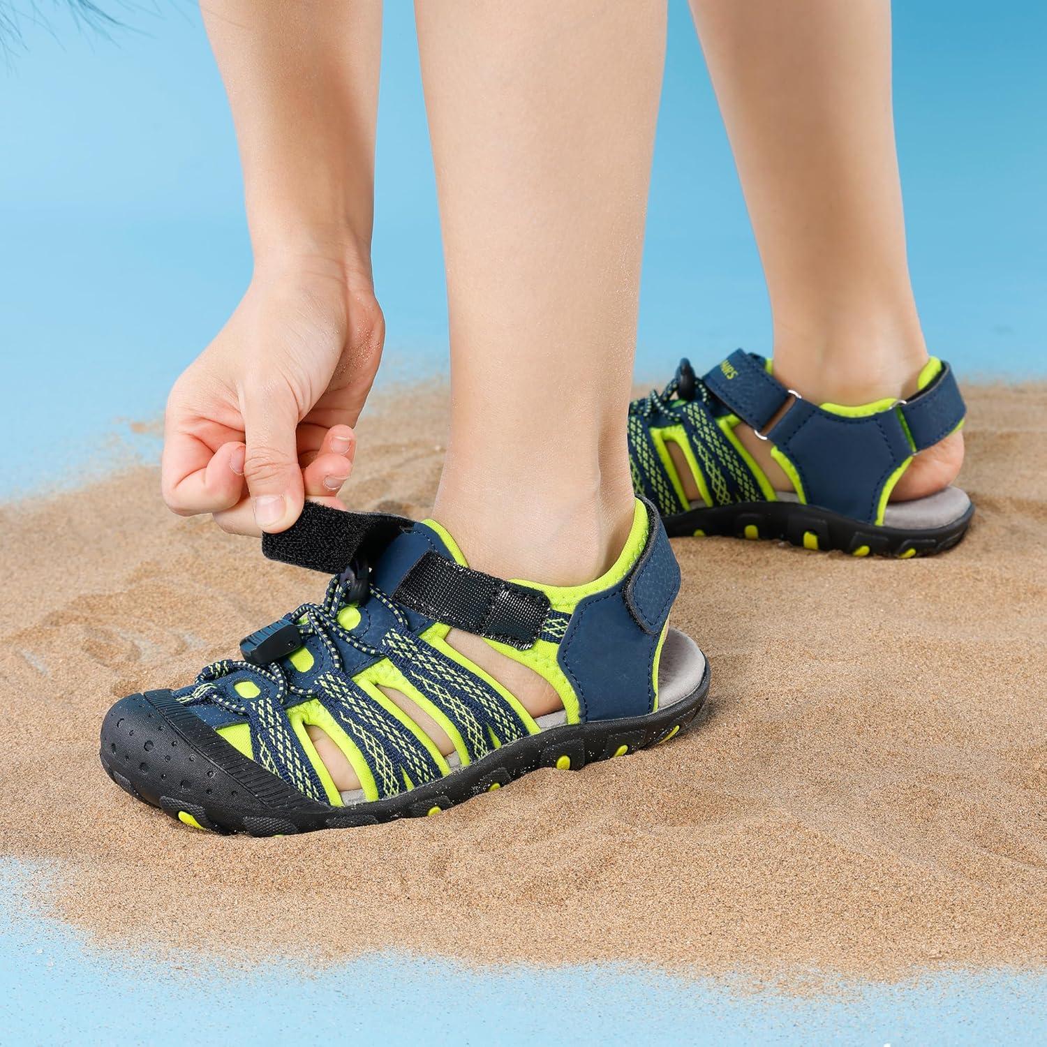 imageDREAM PAIRS Boys Girls Summer Outdoor Athletic Sport Sandals Hiking Beach Casual Closed Toe Adjustable Multicolor for ToddlerLittleBig KidsNavyNeonGreen