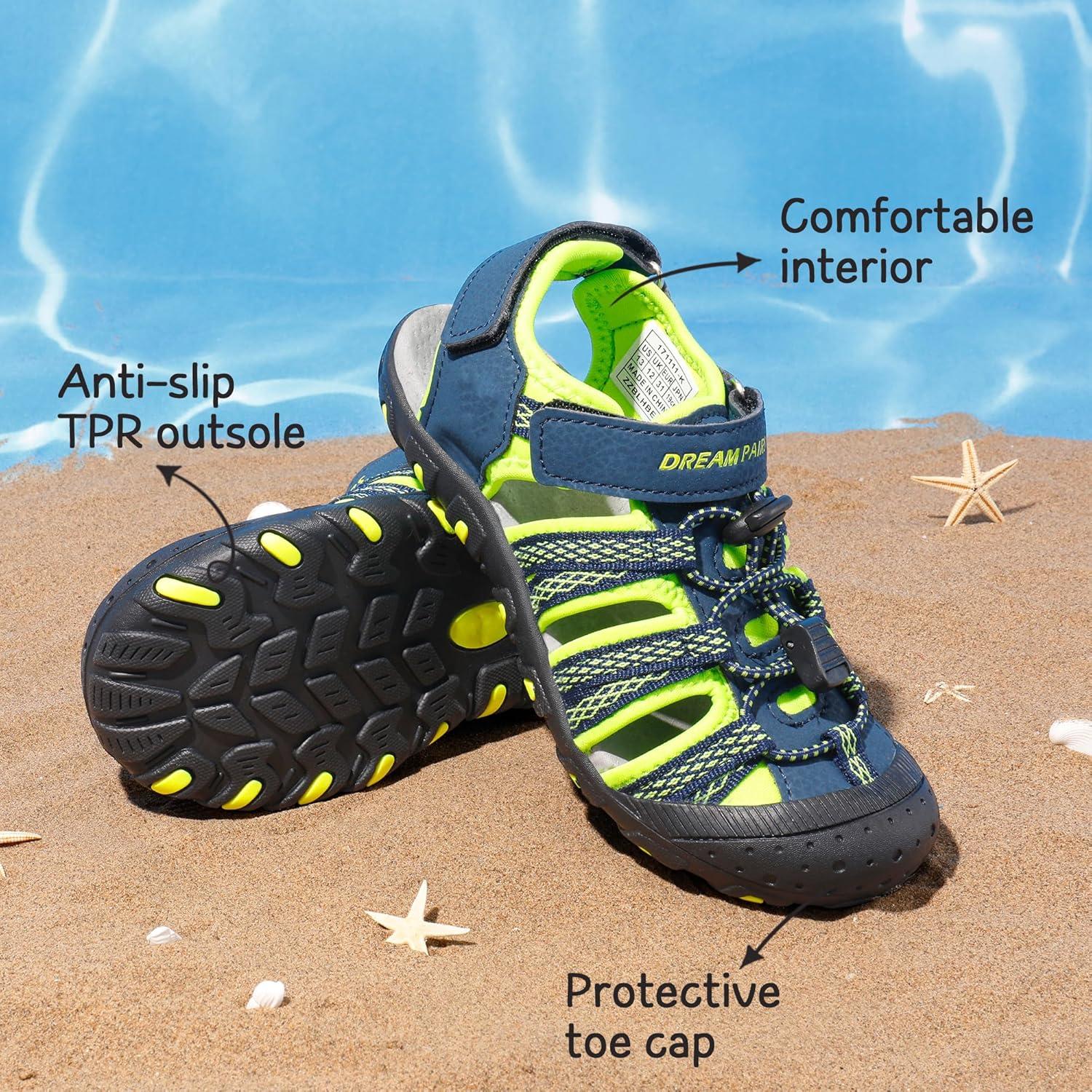 imageDREAM PAIRS Boys Girls Summer Outdoor Athletic Sport Sandals Hiking Beach Casual Closed Toe Adjustable Multicolor for ToddlerLittleBig KidsNavyNeonGreen