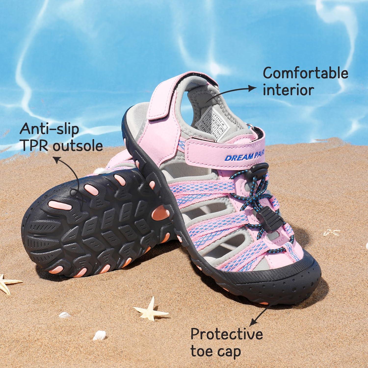imageDREAM PAIRS Boys Girls Summer Outdoor Athletic Sport Sandals Hiking Beach Casual Closed Toe Adjustable Multicolor for ToddlerLittleBig KidsPinkGreyBlue
