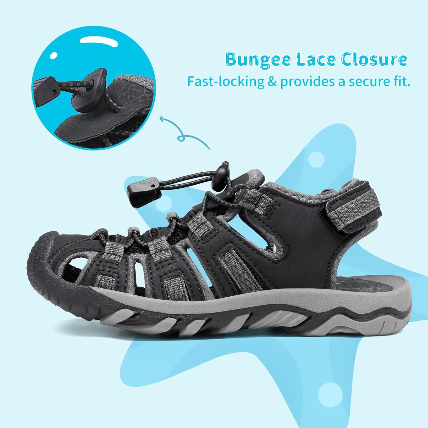 imageDREAM PAIRS Boys Girls Summer Outdoor Athletic Sport Sandals Walking Hiking Hook and Loop Adjustable Multicolor for ToddlerLittleBig KidsBlackDarkGrey