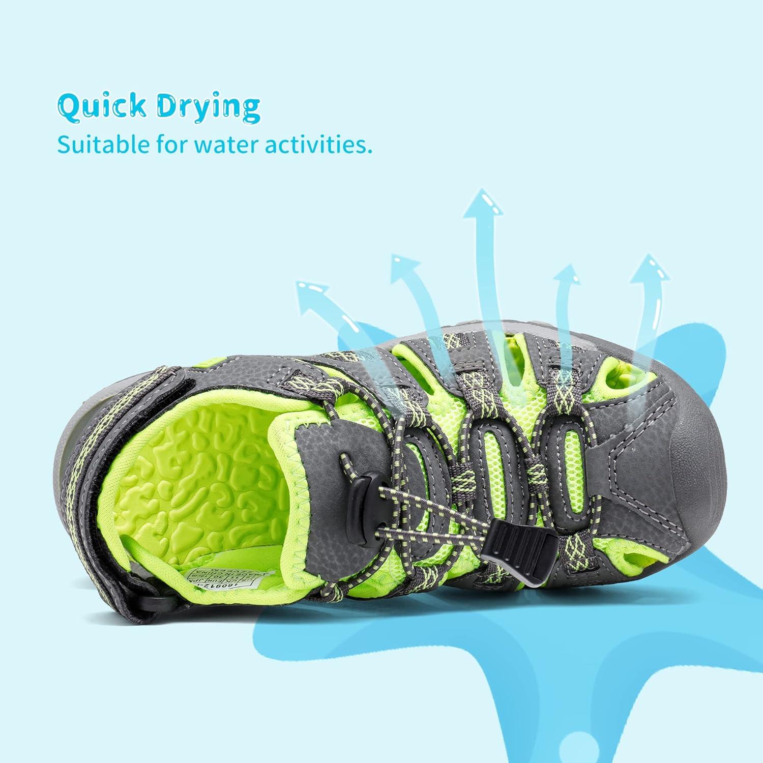 imageDREAM PAIRS Boys Girls Summer Outdoor Athletic Sport Sandals Walking Hiking Hook and Loop Adjustable Multicolor for ToddlerLittleBig KidsGreyNeonGreen