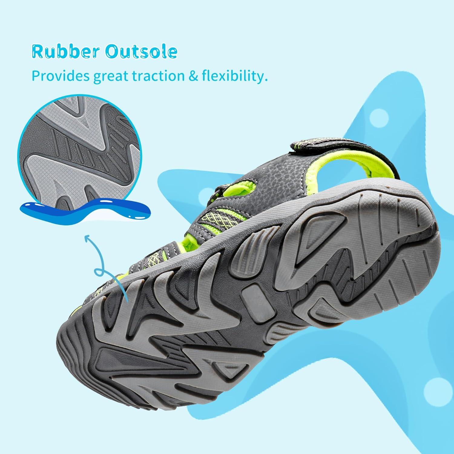 imageDREAM PAIRS Boys Girls Summer Outdoor Athletic Sport Sandals Walking Hiking Hook and Loop Adjustable Multicolor for ToddlerLittleBig KidsGreyNeonGreen