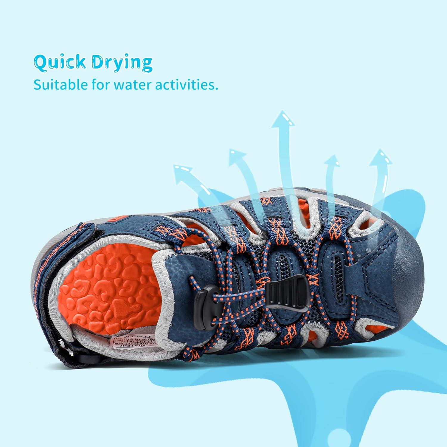 imageDREAM PAIRS Boys Girls Summer Outdoor Athletic Sport Sandals Walking Hiking Hook and Loop Adjustable Multicolor for ToddlerLittleBig KidsNavyLightGreyOrange