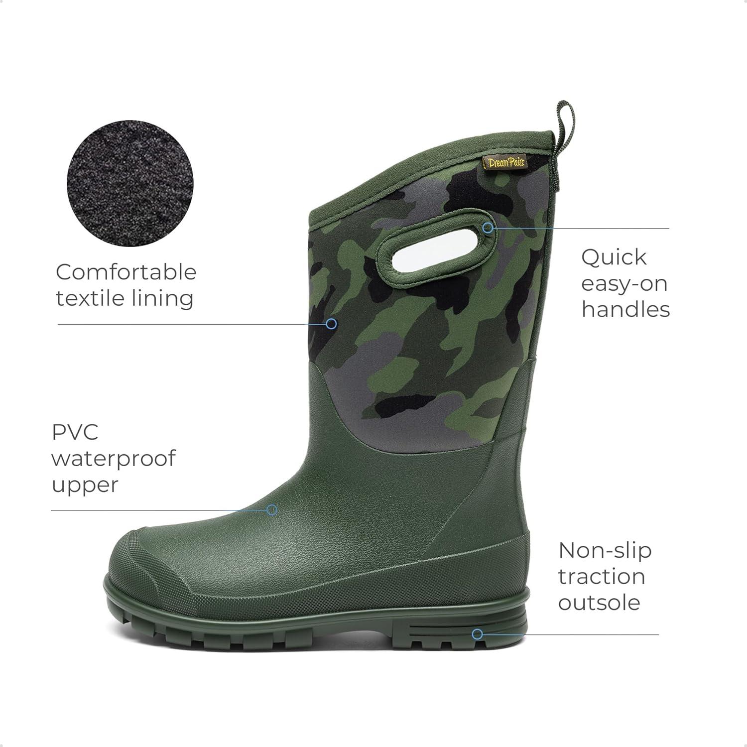 imageDREAM PAIRS Boys Waterproof Boots Outdoor Faux Fur Lining Shoes with Handles for Rain Snow Winter Muck Mud and Cold Weather for LittleBig KidsGreen