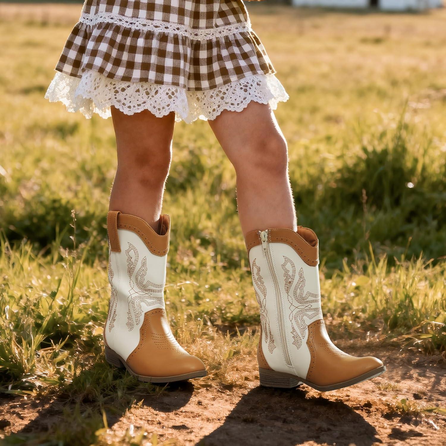 imageDREAM PAIRS Cowgirl Boots for Girls Boys Cowboy Boots Kids Western Embroidered Mid Calf Riding Shoes with Walking Heel ToddlerLittle KidBig KidBeigeCamel