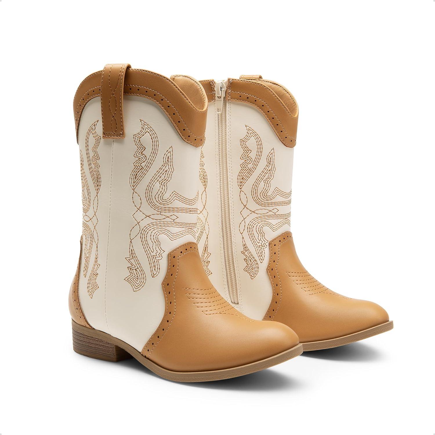 imageDREAM PAIRS Cowgirl Boots for Girls Boys Cowboy Boots Kids Western Embroidered Mid Calf Riding Shoes with Walking Heel ToddlerLittle KidBig KidBeigeCamel
