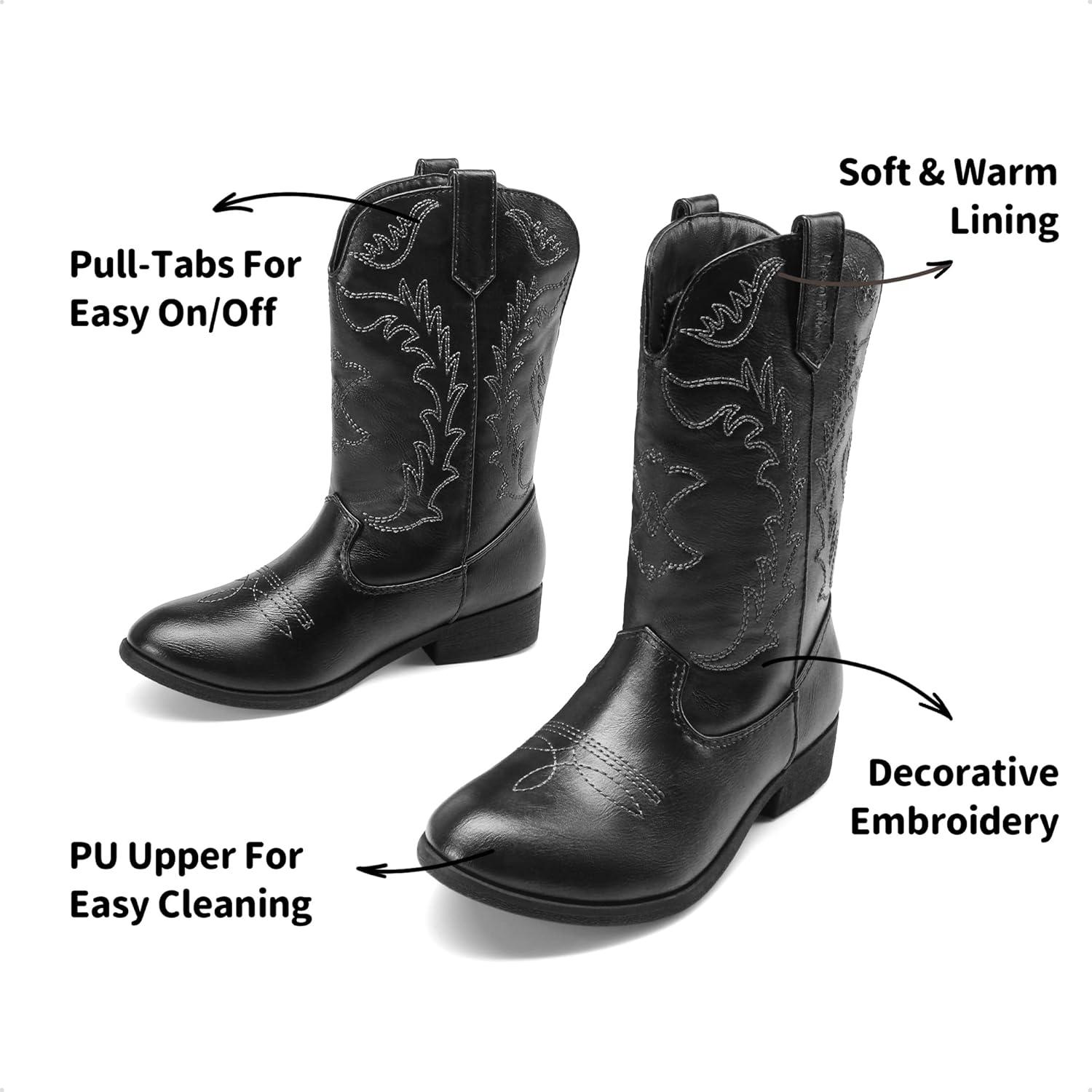 imageDREAM PAIRS Cowgirl Cowboy Western Boots Girls Mid Calf Riding Shoes Little KidBig KidBlack