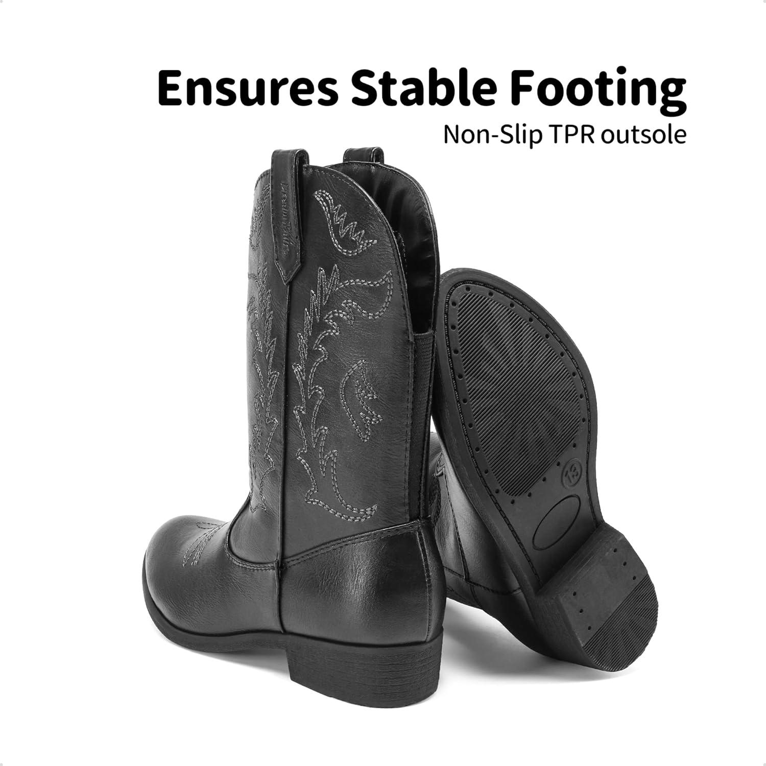 imageDREAM PAIRS Cowgirl Cowboy Western Boots Girls Mid Calf Riding Shoes Little KidBig KidBlack