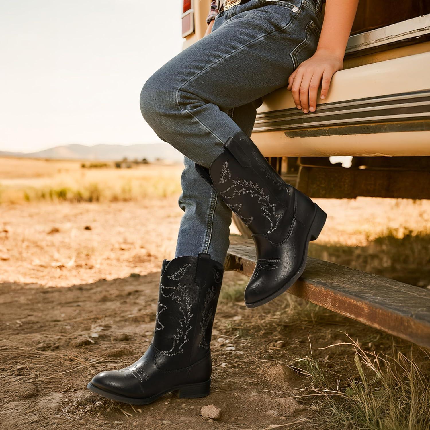 imageDREAM PAIRS Cowgirl Cowboy Western Boots Girls Mid Calf Riding Shoes Little KidBig KidBlack