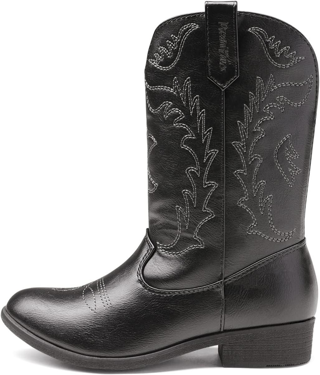 imageDREAM PAIRS Cowgirl Cowboy Western Boots Girls Mid Calf Riding Shoes Little KidBig KidBlack