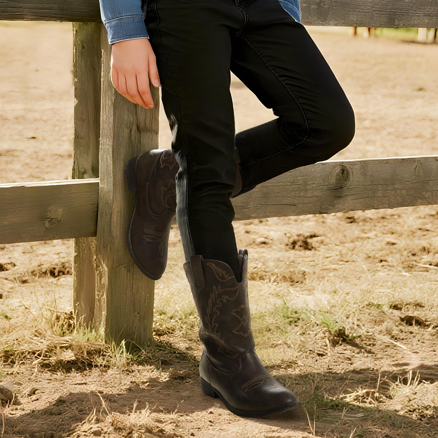 imageDREAM PAIRS Cowgirl Cowboy Western Boots Girls Mid Calf Riding Shoes Little KidBig KidBrown