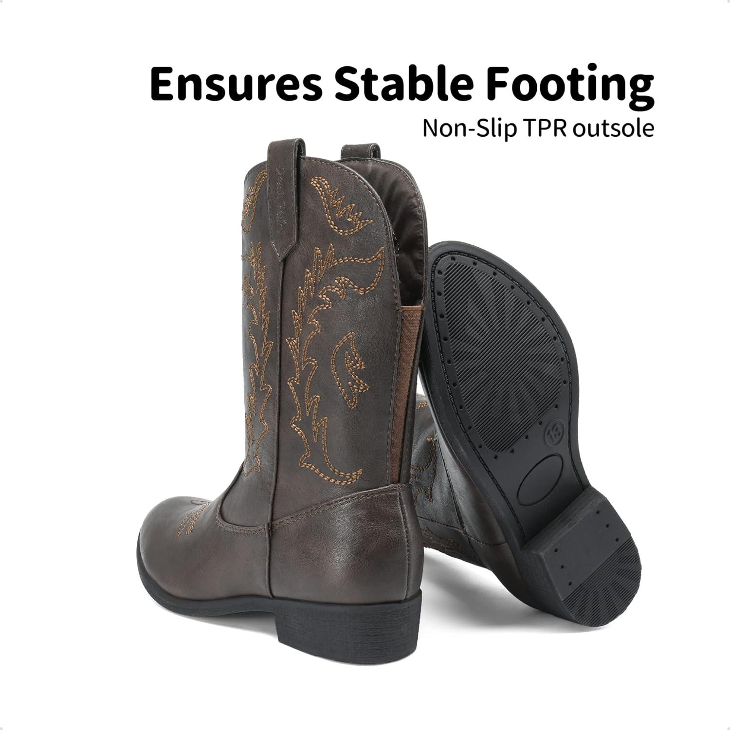 imageDREAM PAIRS Cowgirl Cowboy Western Boots Girls Mid Calf Riding Shoes Little KidBig KidBrown