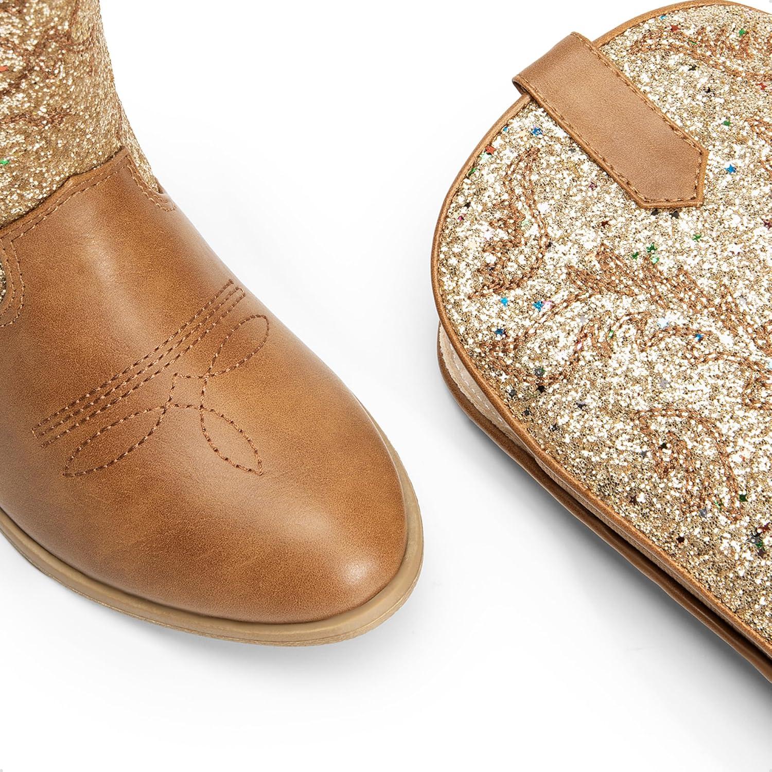 imageDREAM PAIRS Cowgirl Cowboy Western Boots Girls Mid Calf Riding Shoes Little KidBig KidGoldBrown