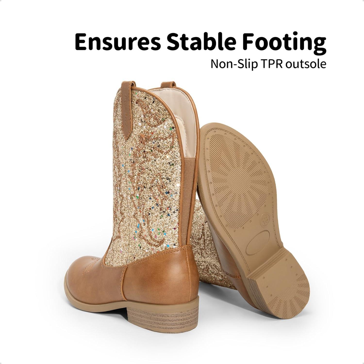 imageDREAM PAIRS Cowgirl Cowboy Western Boots Girls Mid Calf Riding Shoes Little KidBig KidGoldBrown