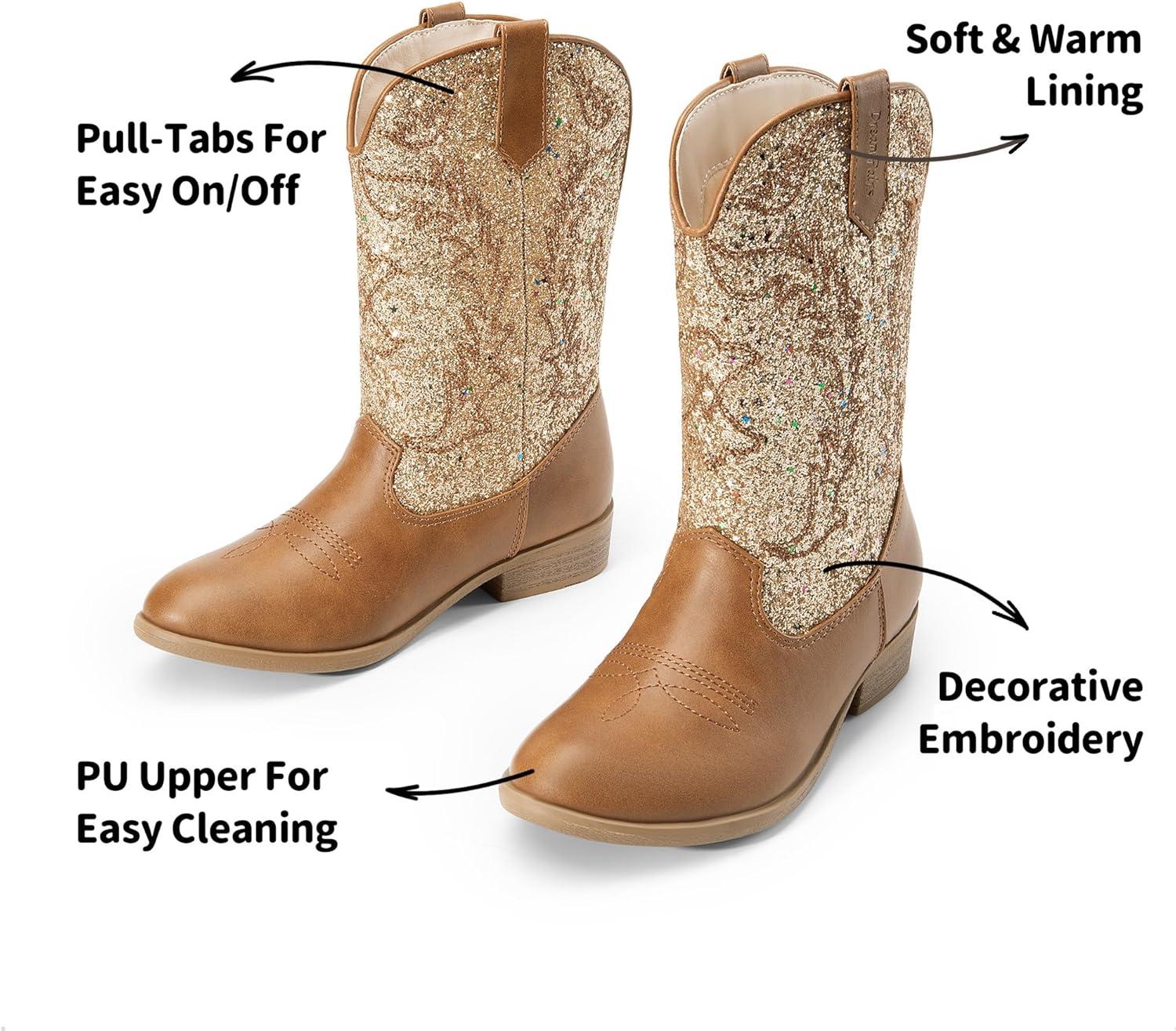 imageDREAM PAIRS Cowgirl Cowboy Western Boots Girls Mid Calf Riding Shoes Little KidBig KidGoldBrown