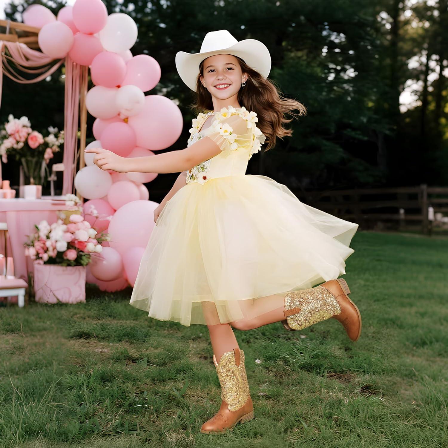 imageDREAM PAIRS Cowgirl Cowboy Western Boots Girls Mid Calf Riding Shoes Little KidBig KidGoldBrown