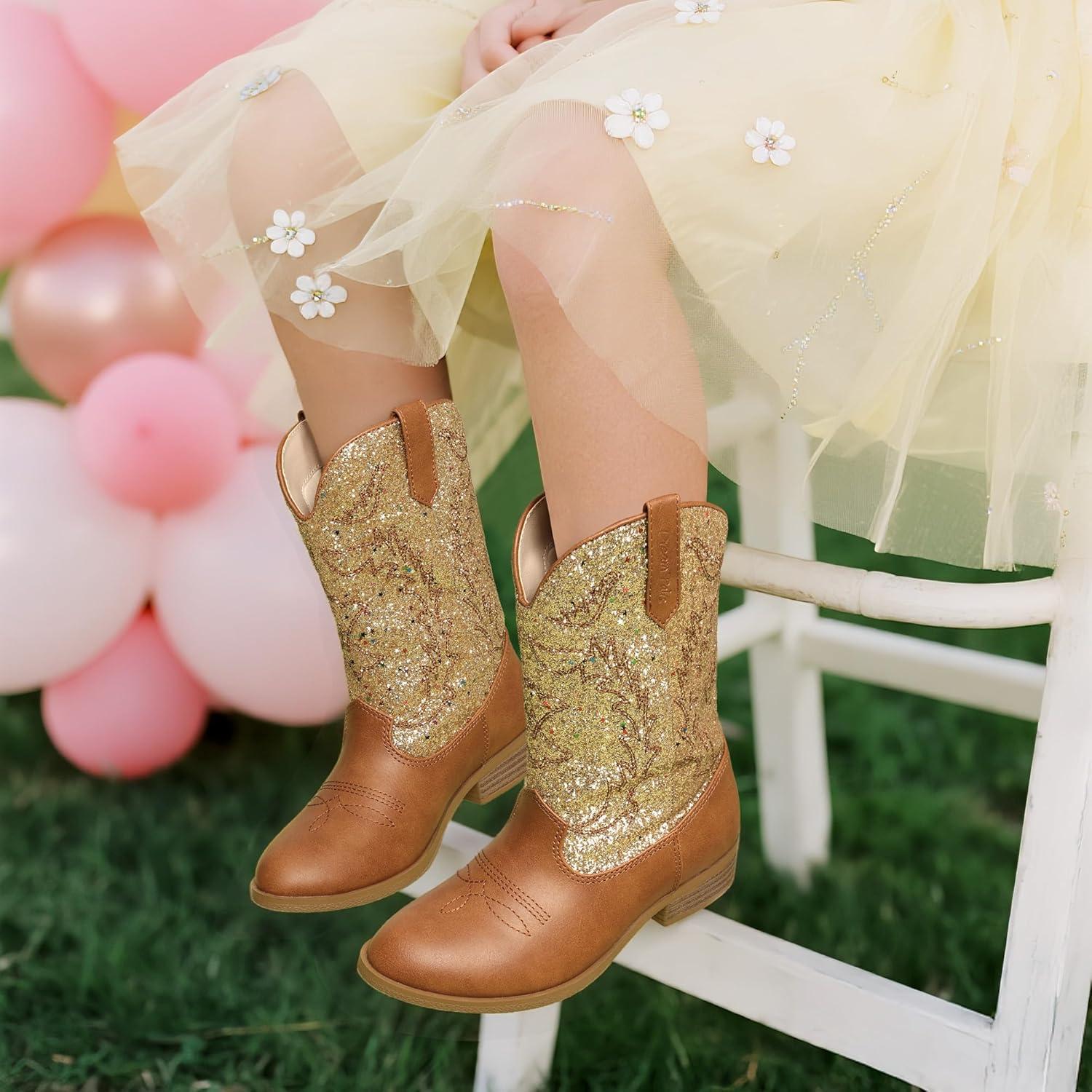 imageDREAM PAIRS Cowgirl Cowboy Western Boots Girls Mid Calf Riding Shoes Little KidBig KidGoldBrown