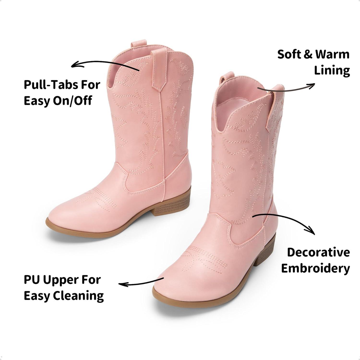 imageDREAM PAIRS Cowgirl Cowboy Western Boots Girls Mid Calf Riding Shoes Little KidBig KidPink