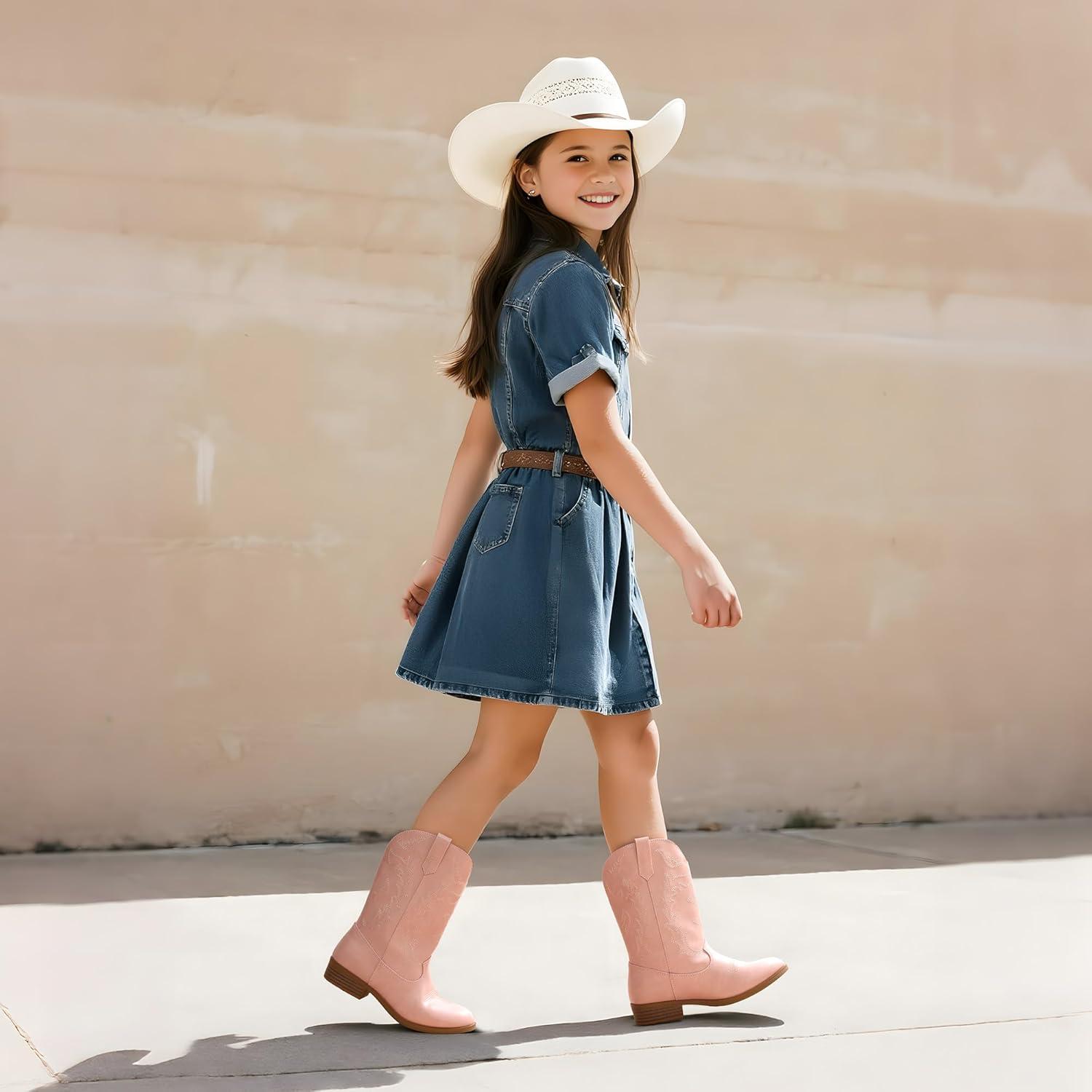 imageDREAM PAIRS Cowgirl Cowboy Western Boots Girls Mid Calf Riding Shoes Little KidBig KidPink