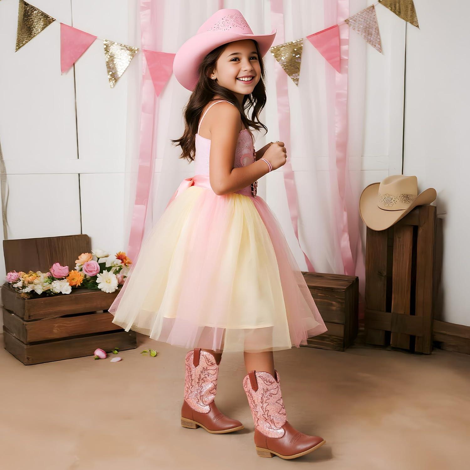 imageDREAM PAIRS Cowgirl Cowboy Western Boots Girls Mid Calf Riding Shoes Little KidBig KidPinkBrown