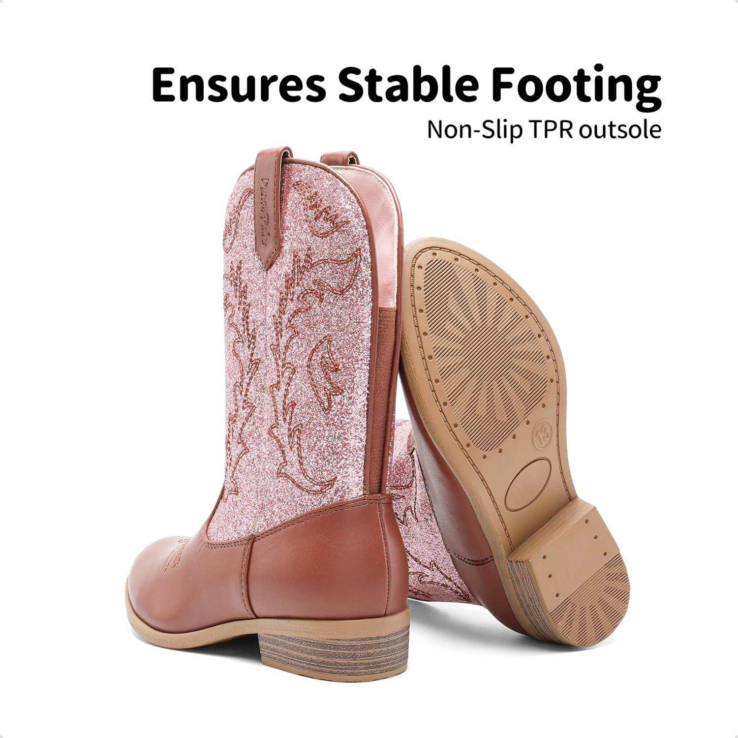 imageDREAM PAIRS Cowgirl Cowboy Western Boots Girls Mid Calf Riding Shoes Little KidBig KidPinkBrown