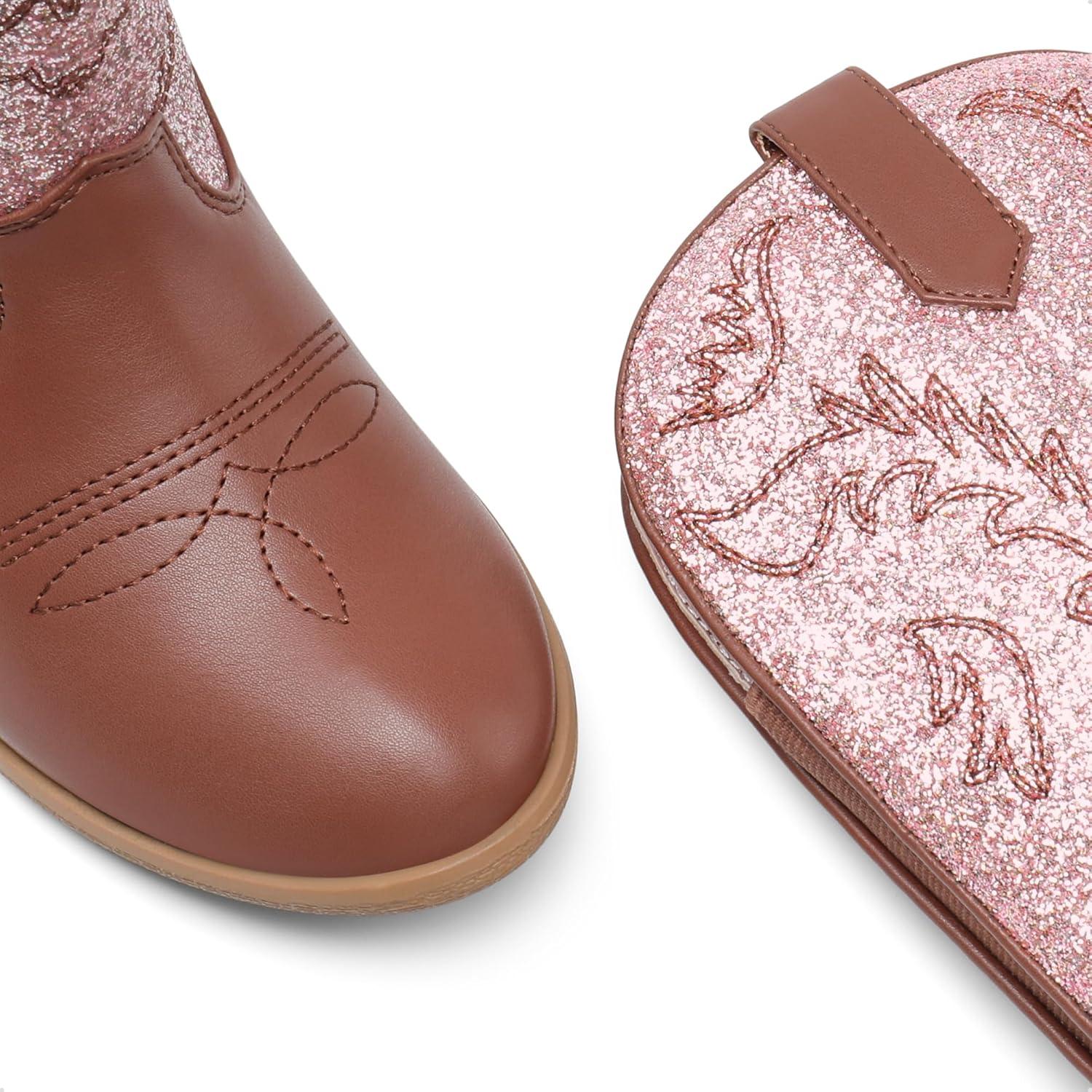 imageDREAM PAIRS Cowgirl Cowboy Western Boots Girls Mid Calf Riding Shoes Little KidBig KidPinkBrown