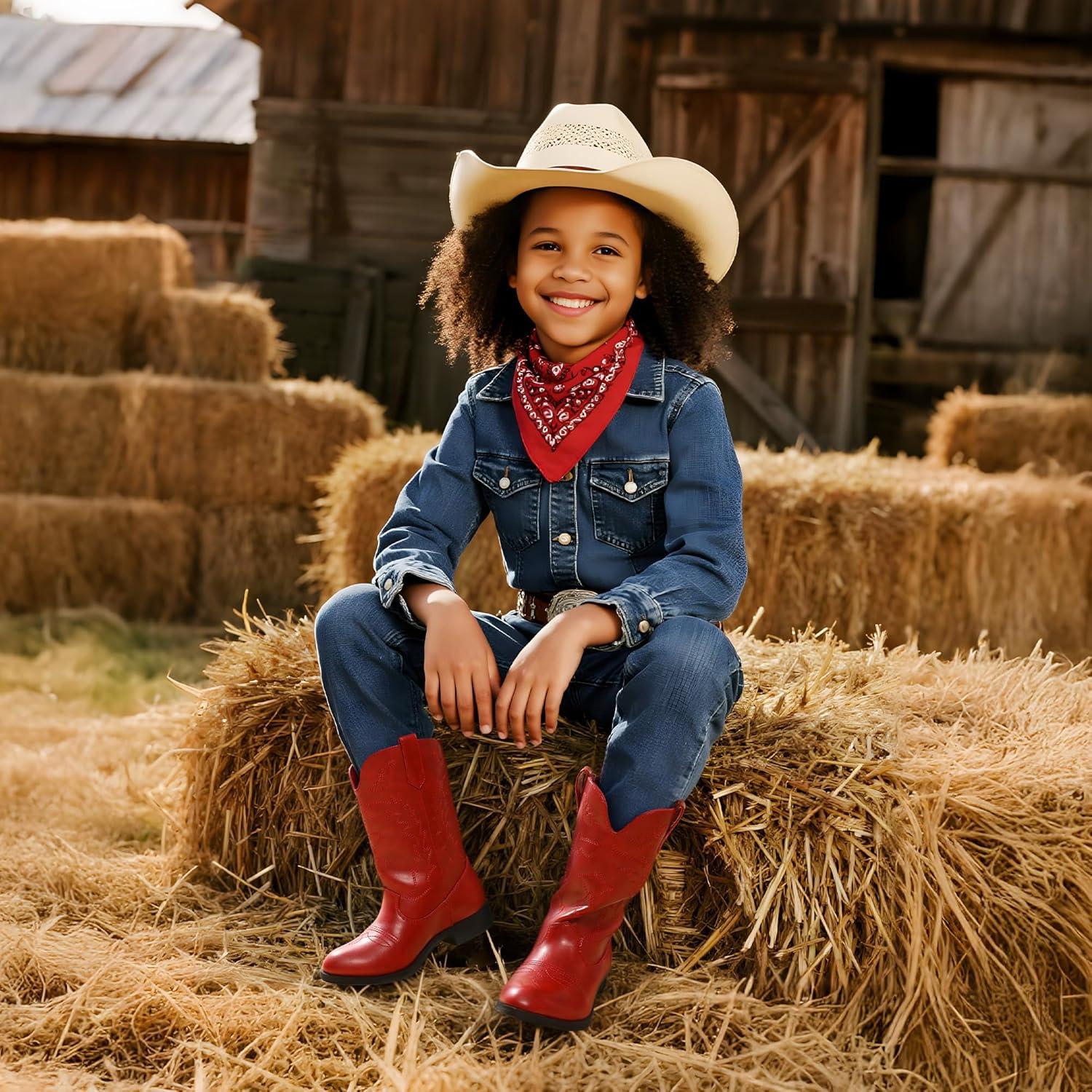 imageDREAM PAIRS Cowgirl Cowboy Western Boots Girls Mid Calf Riding Shoes Little KidBig KidRed