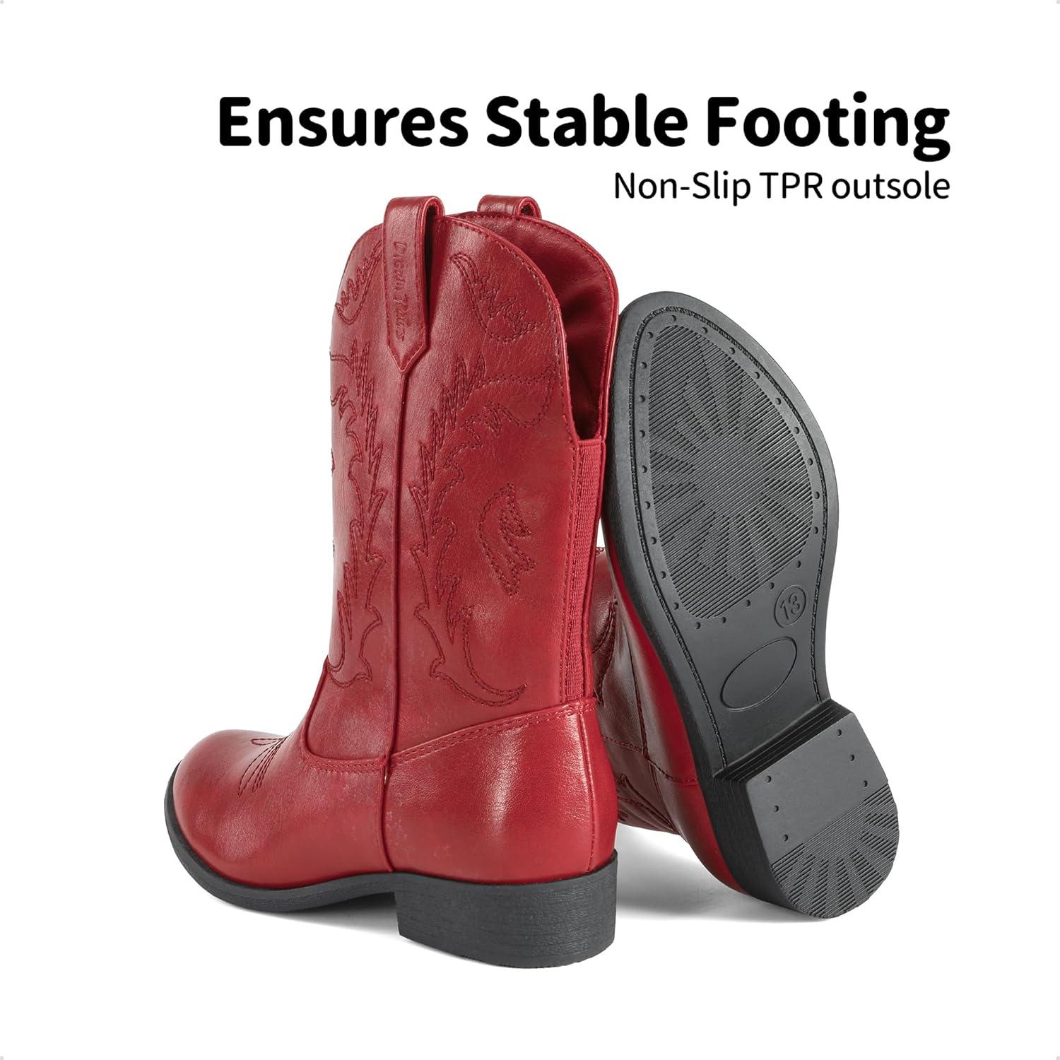 imageDREAM PAIRS Cowgirl Cowboy Western Boots Girls Mid Calf Riding Shoes Little KidBig KidRed